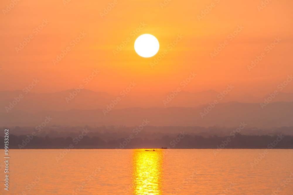 Natural landscape view at sunrise or sunset. Scenery of Pa Sak Chonlasit reservoir, Lopburi province, Thailand.