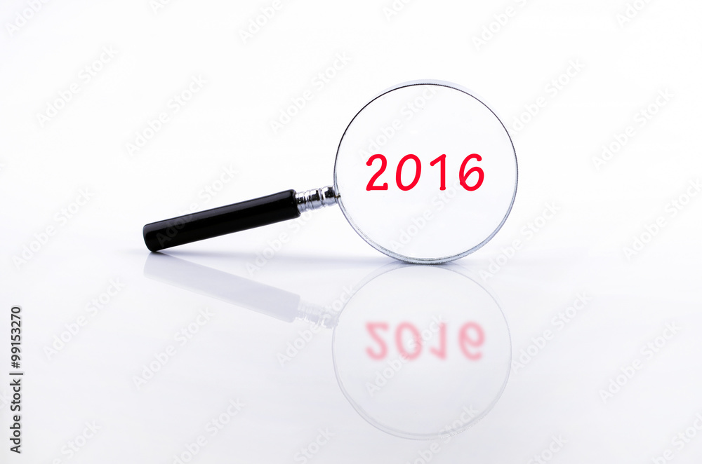 2016 word on Magnifying glass in a metal frame with rubber black 2016 word on Magnifying glass in a metal frame with rubber black