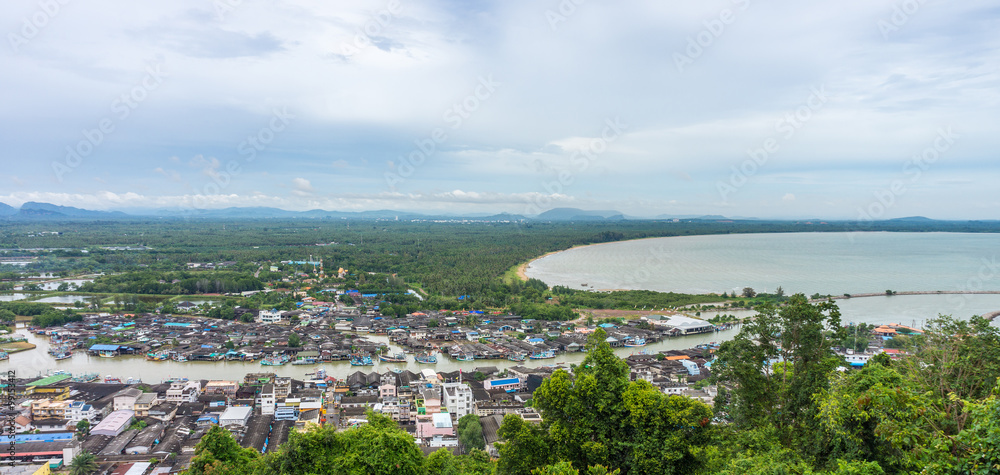Aerial view of Paknam Langsuan Subdistrict. It is the seashore tourist attraction in Chumphon province, Thailand.