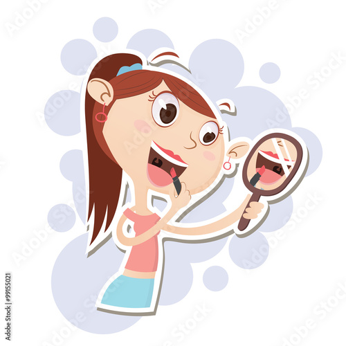 Cartoon girl applying makeup.