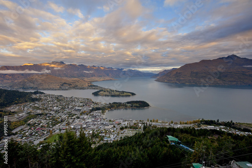 queenstown downtown skyline with lake Wakatipu from top at dusk