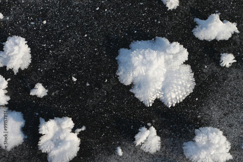 Bild auf Leinwand Snow freakish outgrowths on ice of the frozen river, a natural background