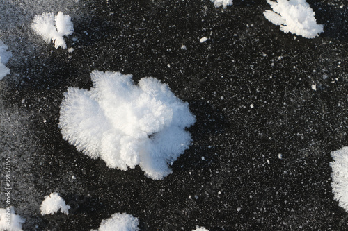 Schilderij op canvas Snow freakish outgrowths on ice of the frozen river, a natural background