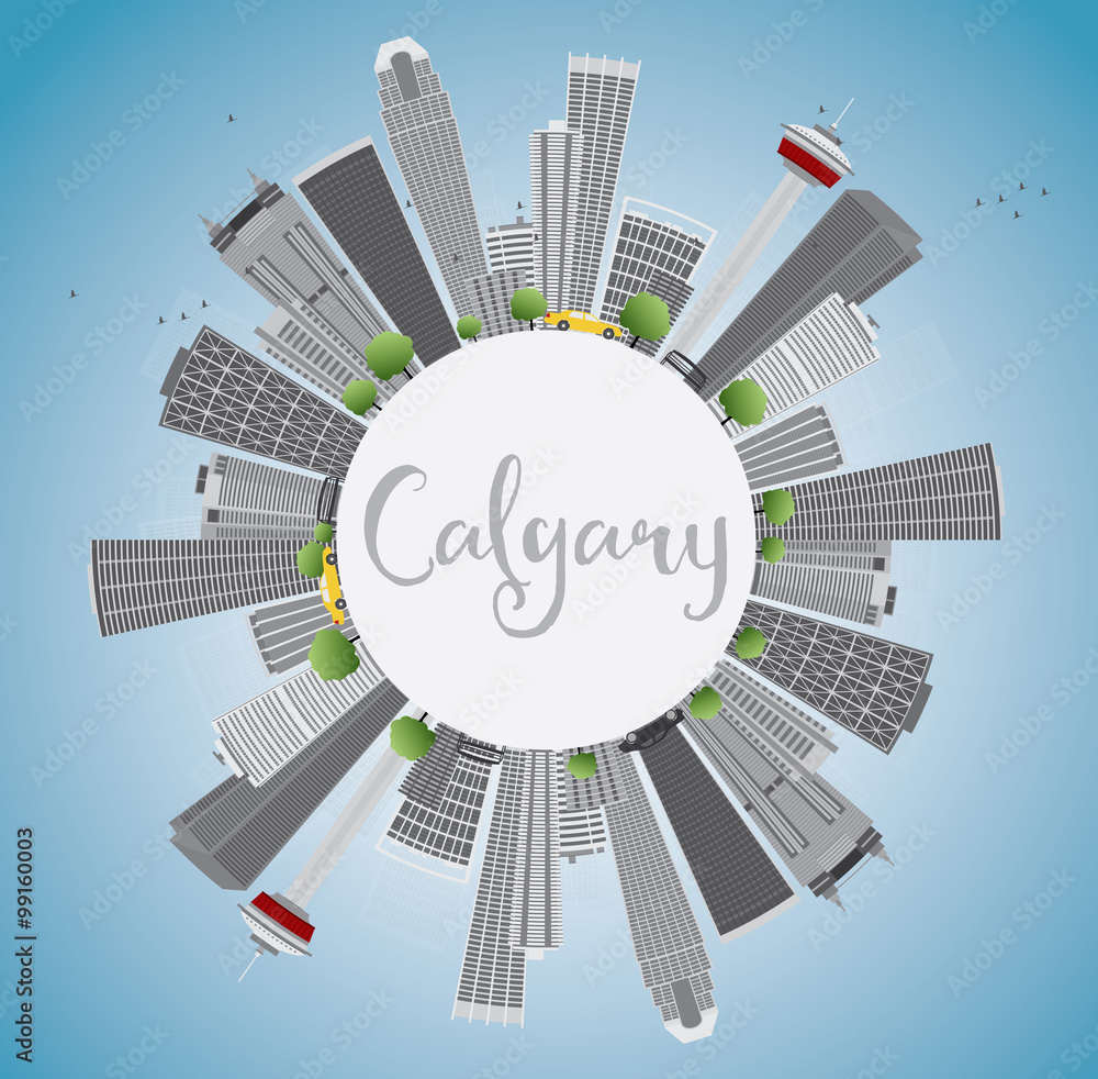 Calgary Skyline with Gray Buildings, Blue Sky and Copy Space. Some elements have transparency mode different from normal.
