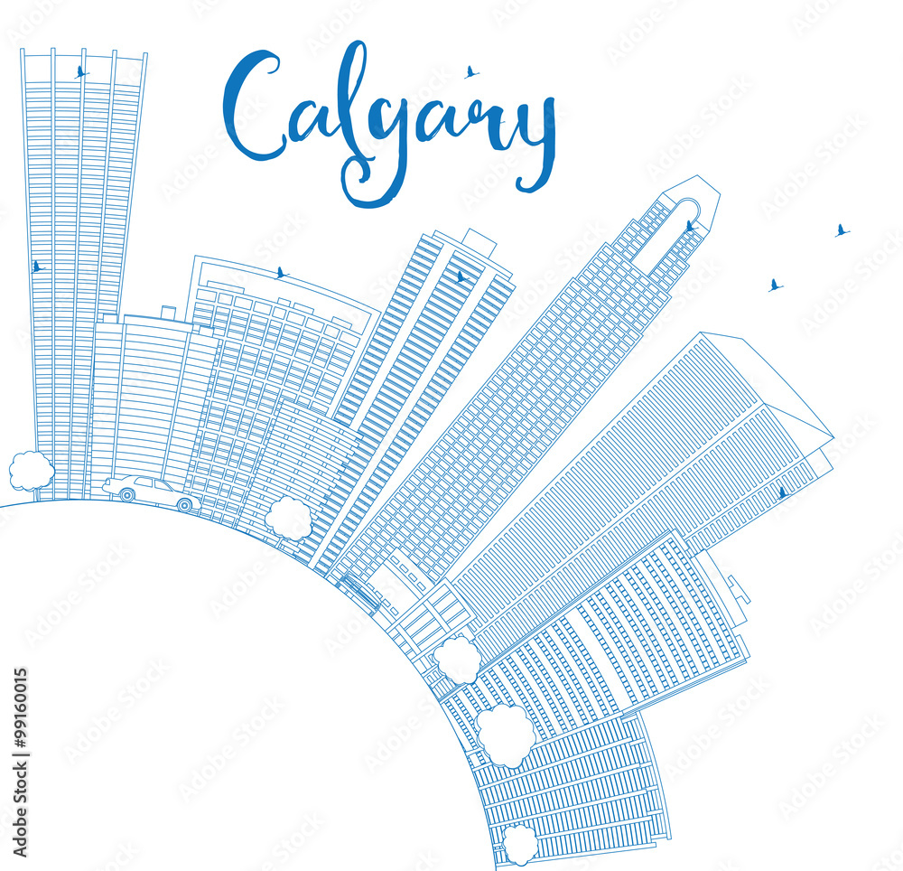 Outline Calgary Skyline with Blue Buildings and Copy Space. Some elements have transparency mode different from normal.