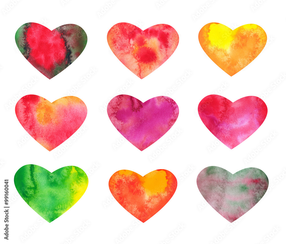 Set of watercolor hearts