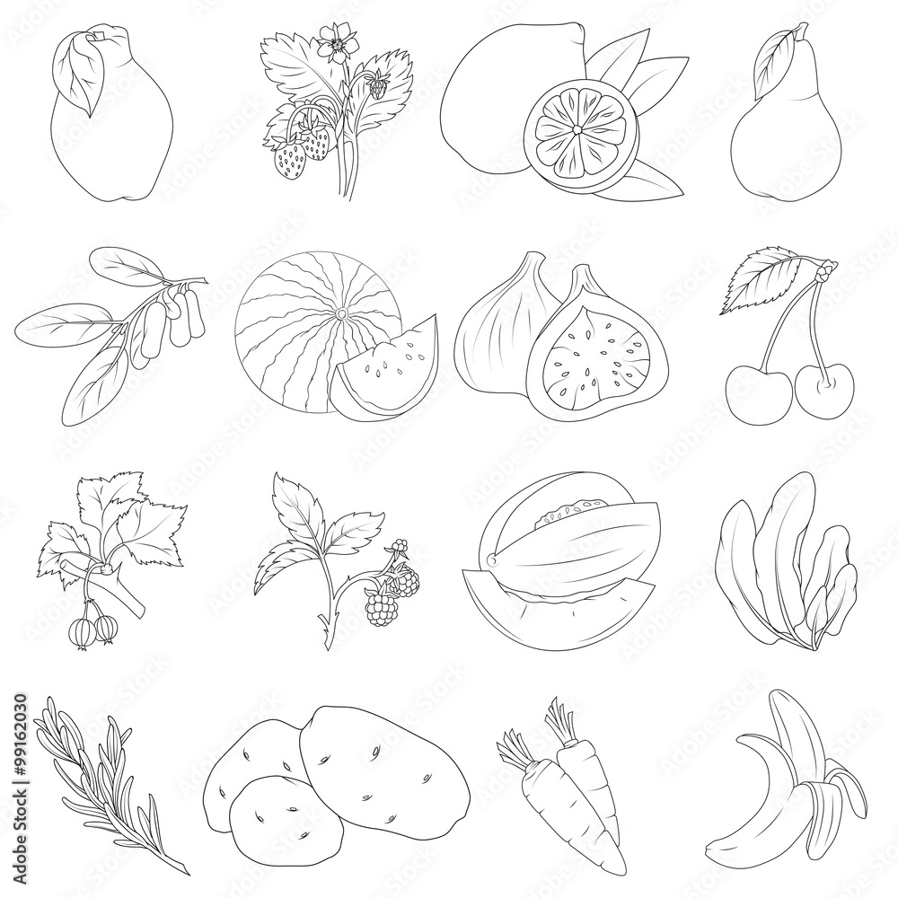 Coloring book. Set of fruits and vegetables