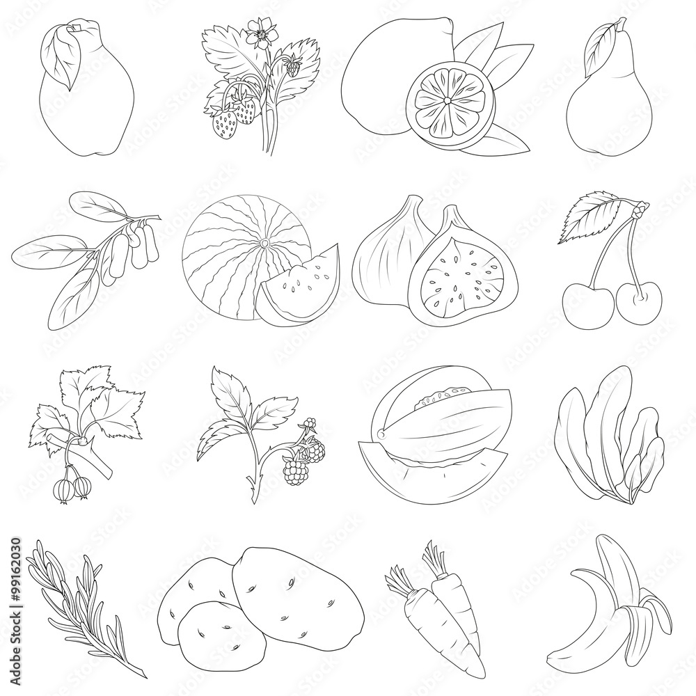 Coloring book. Set of fruits and vegetables Coloring book. Set of fruits and vegetables