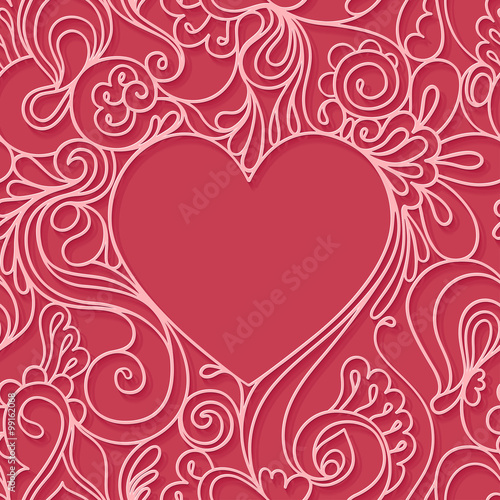 Heart frame on  red background. Lace seamless pattern.