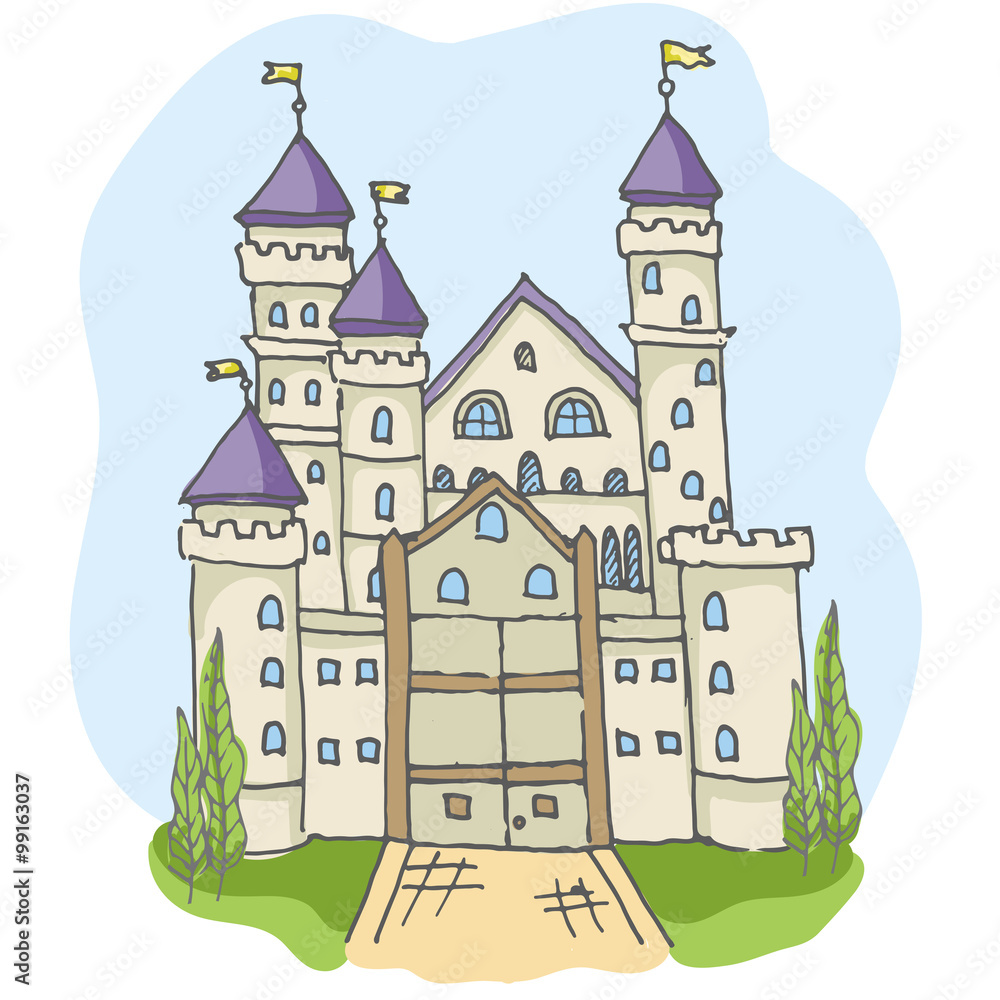 Hand drawn cartoon fairy tale castle icons, castle for princess doodle vector sketch, fairytale, game icon, cute magic castle kingdom illustration