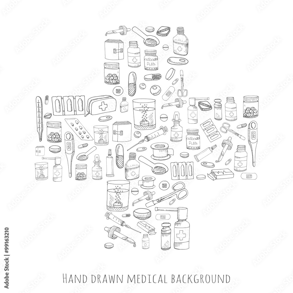 Obraz premium Heart shaped background made of healthcare and medicine hand drawn icons, doodle medical elements, vector background with wellness freehand drawings. Vector sketch illustration
