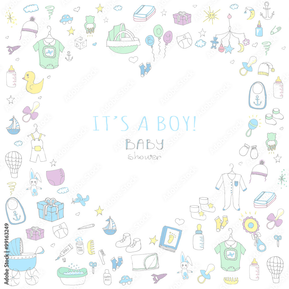 Set of baby shower design vector illustration icons, hand drawn baby care elements, Baby boy shower design icons, children's boy clothing, toy, bib, nappy, carriage, socks, bottle, baby foot print Set of baby shower design vector illustration icons, hand drawn baby care elements, Baby boy shower design icons, children's boy clothing, toy, bib, nappy, carriage, socks, bottle, baby foot print