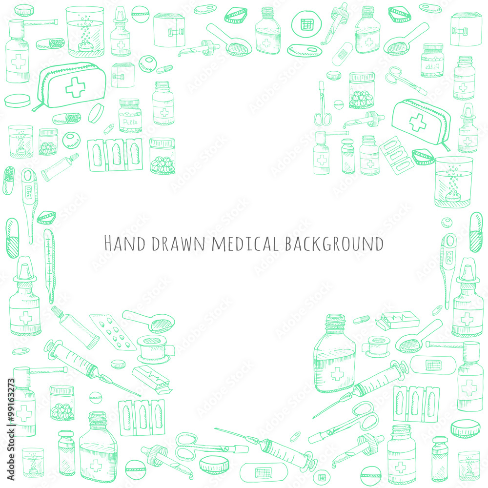 Heart shaped background made of healthcare and medicine hand drawn ...