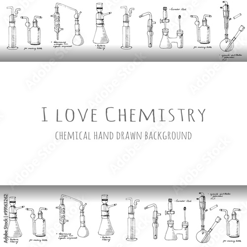 I love chemistry card with of hand drawn science chemical glass equipment, Chemistry education research laboratory tool, chemical funnel, flask, adapters, condenser, Vector illustration.