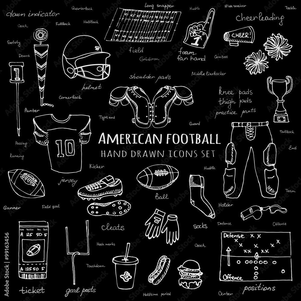 Hand drawn doodle american football set Vector illustration Sketchy sport related icons football elements, ball helmet jersey pants knee thigh shoulder pads cleats field cheerleading down indicator