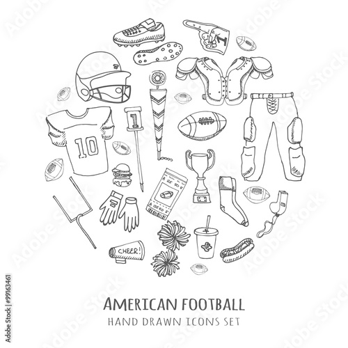 Hand drawn doodle american football set Vector illustration Sketchy sport related icons football elements, ball helmet jersey pants knee thigh shoulder pads cleats field cheerleading down indicator