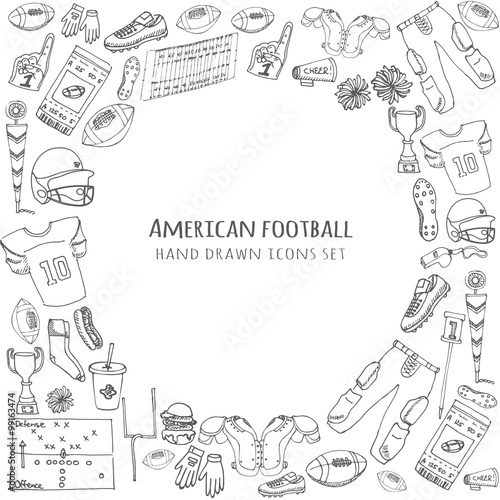 Hand drawn doodle american football set Vector illustration Sketchy sport related icons football elements, ball helmet jersey pants knee thigh shoulder pads cleats field cheerleading down indicator