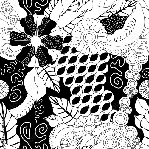 stock vector seamless doodle floral pattern. black and white