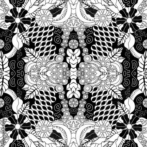stock vector seamless doodle floral pattern. black and white