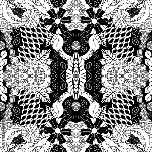 stock vector seamless doodle floral pattern. black and white