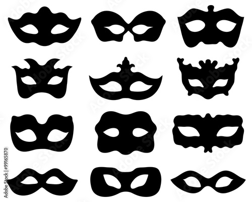 Black silhouette of festive masks in black on a white background