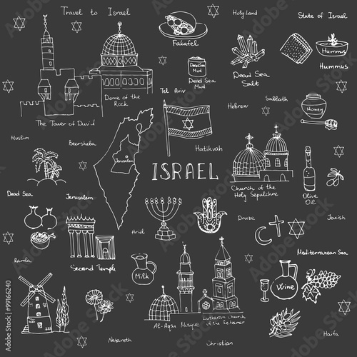Set of hand drawn Israel icons, Jewish sketch illustration, doodle elements, Isolated national elements made in vector. Travel to Israel icons heart shaped for cards and web pages