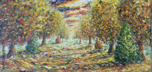 Road in the autumn park, oil painting