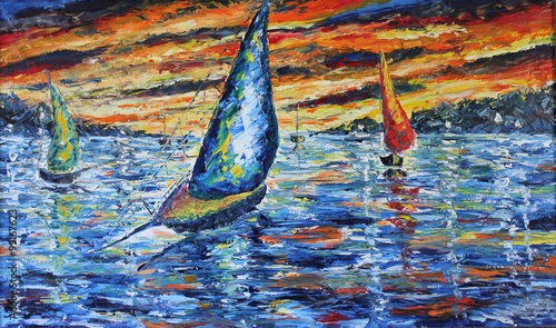 evening boat trips, sunset over the lake, oil painting