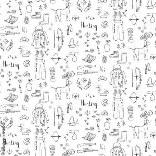 Seamless background hand drawn doodle hunting set. Vector illustration. Sketchy hunt related icons, hunting elements, hunting dog, gun, crossbow, hunting wear cloths, boots, 