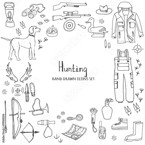 Hand drawn doodle hunting set wood texture, Vector illustration. Sketchy hunt related icons, hunting elements, hunting dog, gun, crossbow, hunting wear cloths, boots, plastic sitting duck, binoculars