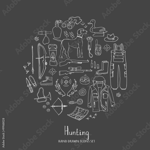 Hand drawn doodle hunting set wood texture, Vector illustration. Sketchy hunt related icons, hunting elements, hunting dog, gun, crossbow, hunting wear cloths, boots, plastic sitting duck, binoculars