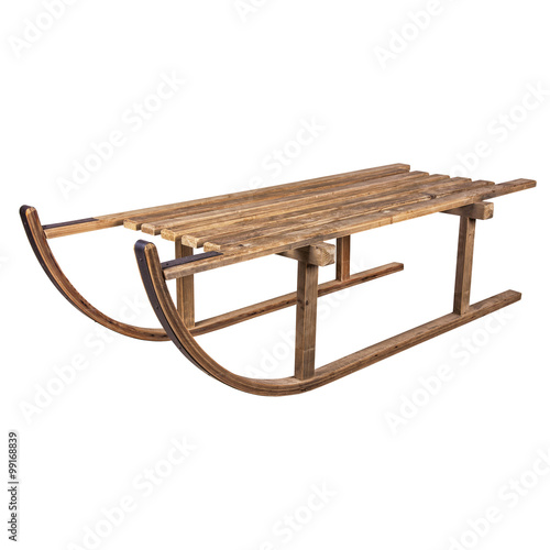 Vintage wooden sledge isolated on white.