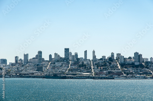 View of San Francisco buildings and street grid as seen from Alcatraz Island.