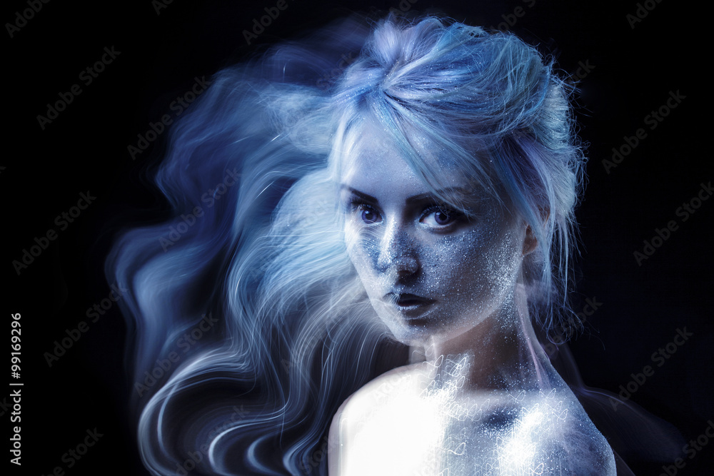 ghostly woman, soul. Portrait of a movement effect, creative body art on theme space and stars ghostly woman, soul. Portrait of a movement effect, creative body art on theme space and stars