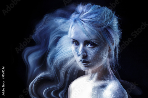 ghostly woman, soul. Portrait of a movement effect, creative body art on theme space and stars