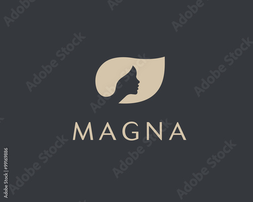 Beautiful woman face logo design template.  Hair, girl, leaf symbol. Abstract concept for beauty salon, massage, magazine, cosmetic and spa. Premium vector icon.
