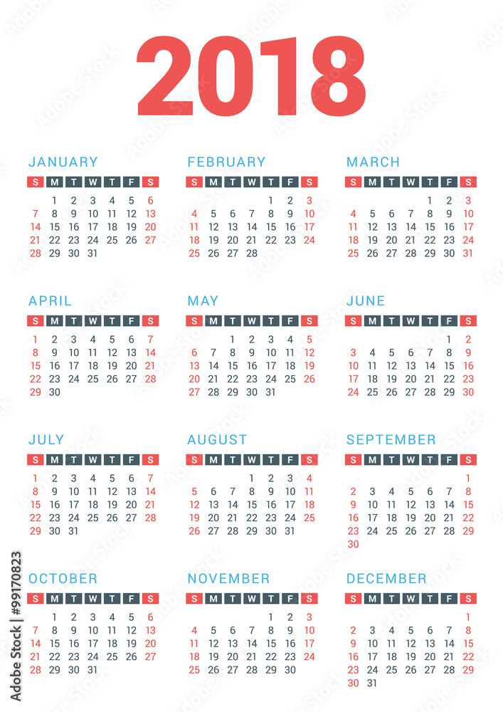 Calendar for 2018 Year on White Background. Week Starts Sunday. Vector Design Print Template Calendar for 2018 Year on White Background. Week Starts Sunday. Vector Design Print Template
