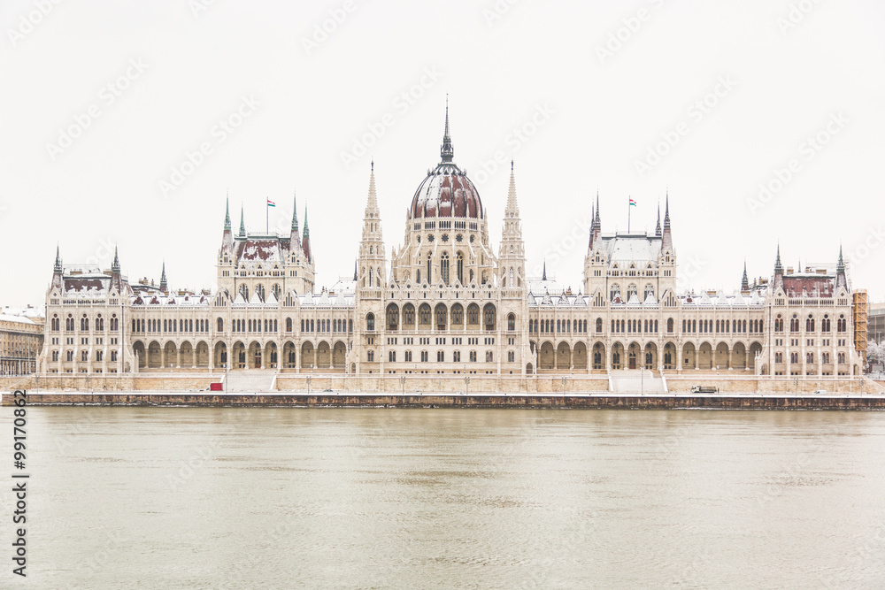 Parliament palace in Budapest on a snowy day