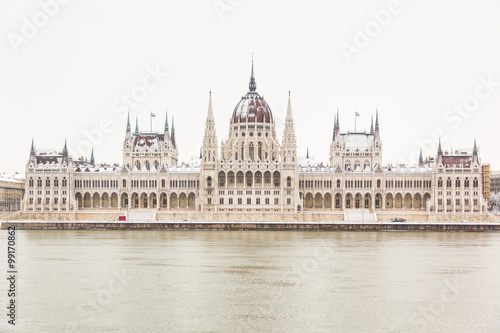 Parliament palace in Budapest on a snowy day