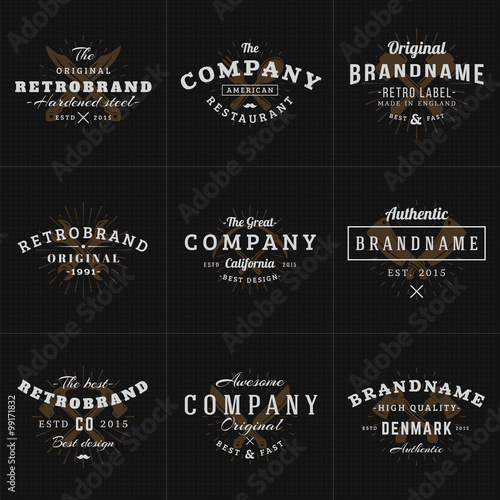 Set of Hipster Vintage Labels, Logotypes, Badges for Your Business. Knife, Axe, Hammer, Wrench. Vector Illustration on Dark Textured Background