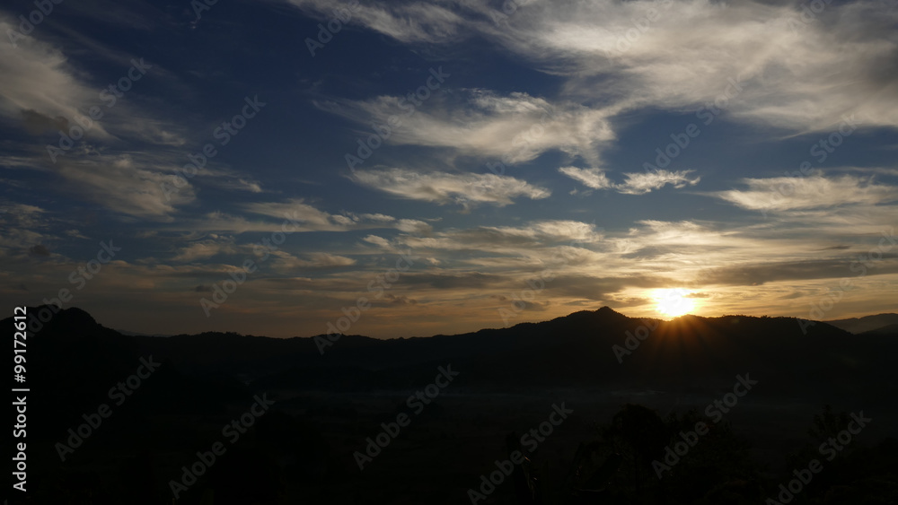 sun, mountain, cloud and sky at dawn