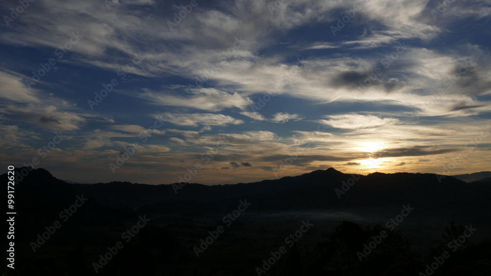 sun, mountain, cloud and sky at dawn