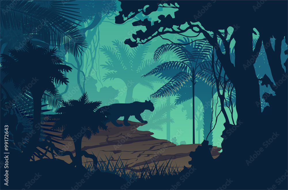 Obraz premium Vector evening tropical rainforest Jungle background with jaguar