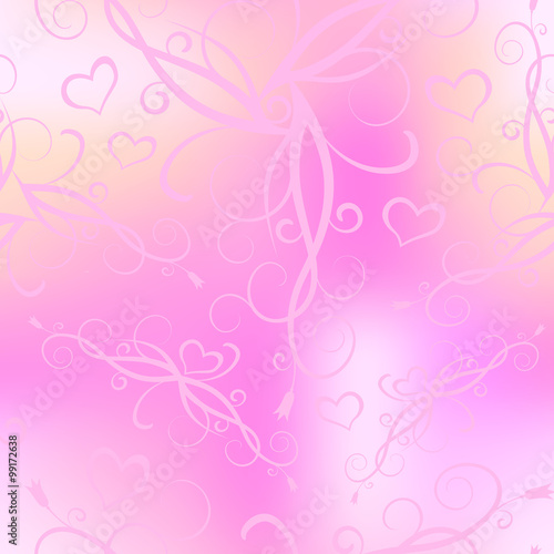 Seamless floral pattern with hearts on blurred background
