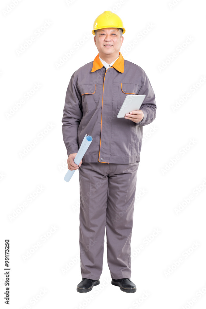 isolated engineer in hardhat with blueprint and tablet isolated engineer in hardhat with blueprint and tablet