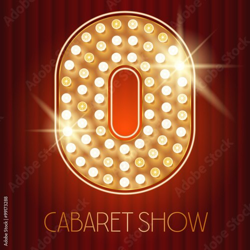 Vector shiny gold lamp alphabet in cabaret show style. Number 0