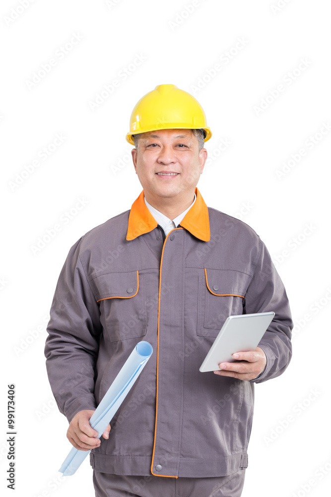 isolated engineer in hardhat with blueprint and tablet isolated engineer in hardhat with blueprint and tablet