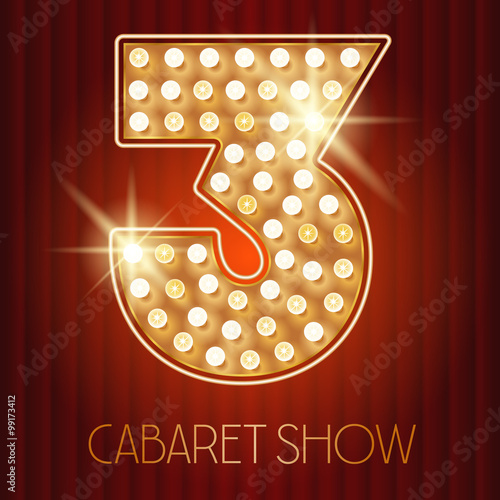 Vector shiny gold lamp alphabet in cabaret show style. Number 3