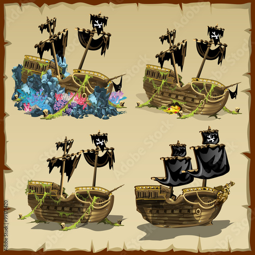 Pirate ship at different stages of desolation, four vector cartoon icons