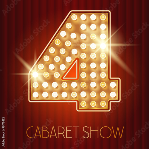 Vector shiny gold lamp alphabet in cabaret show style. Number 4